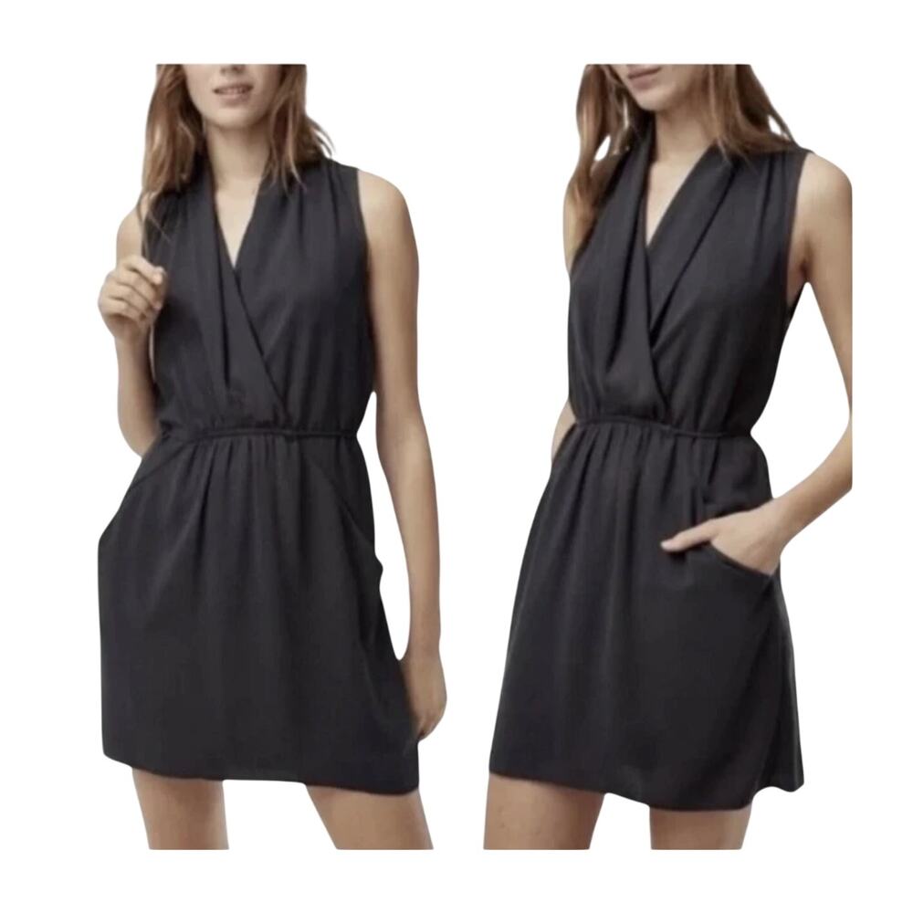 Aritzia Wilfred Sabine Womens Mini Dress Shawl V Neck Waist Tie Pockets Black XS